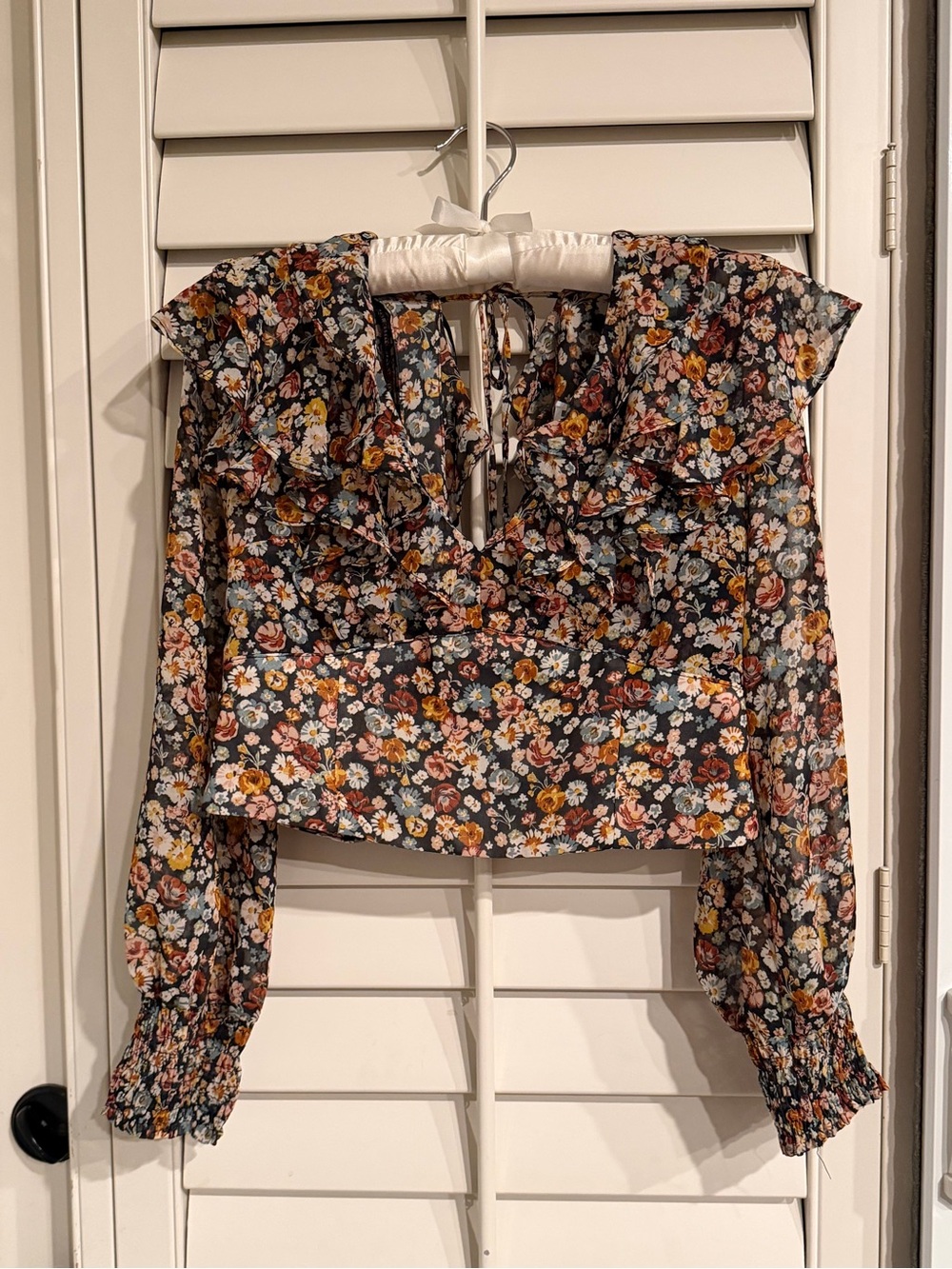 Zara Black Floral Ruffle Crop Top with Mixed Floral Print